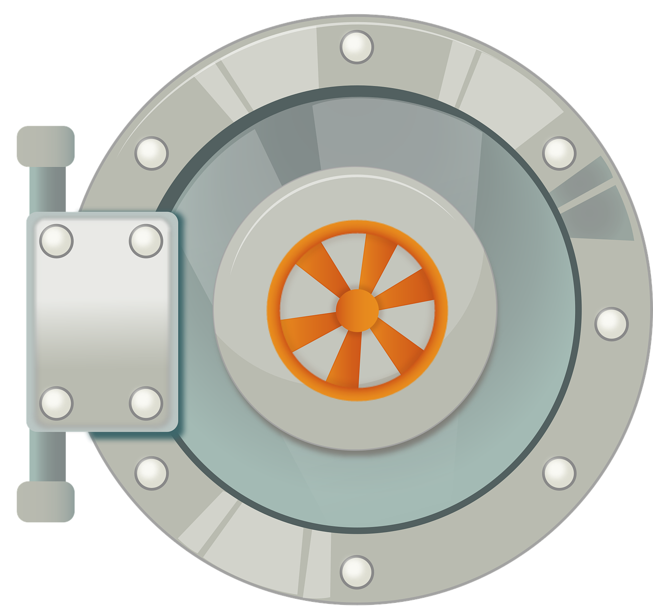 Circular steel bank vault door with its locking mechanism exposed